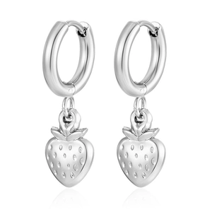 Polished silver strawberry pendant earrings with smooth hoops and textured details