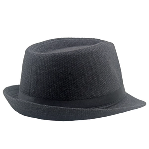 Close-up of black wool fedora featuring a teardrop crown and satin ribbon band