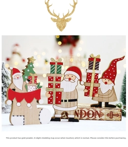 Close-up of wooden Christmas ornaments featuring Santa and gnome with gold glitter finish