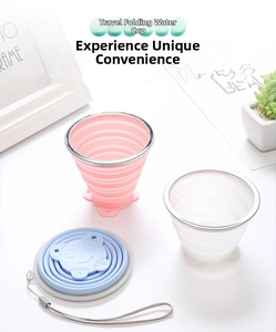 Detail of portable silicone travel cups with cute bear lid and metal rim in folded state