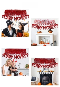 Halloween scary movie quote banner shown in indoor party settings with red glitter letters
