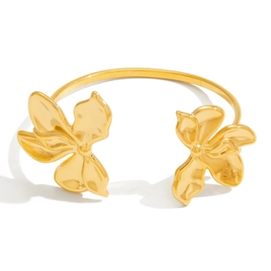 Elegant 18K gold plated stainless steel open cuff bracelet with bougainvillea flower motifs