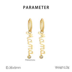 Detail of gold MAMA letter earrings with rhinestones showing 36x5mm size and 2g weight