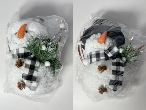 Detail of Christmas snowman ornaments with pointed hats and plaid scarves in clear bags