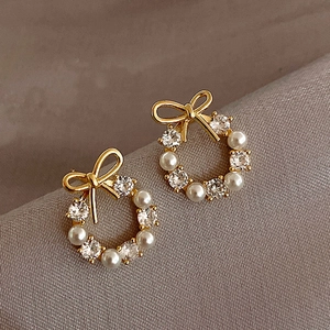Elegante Strik Krans Oorknopjes Met 925 Sterling Zilver Stift Goud Zilver Verguld Strass Kunstparel Sieraden Voor Vrouwen