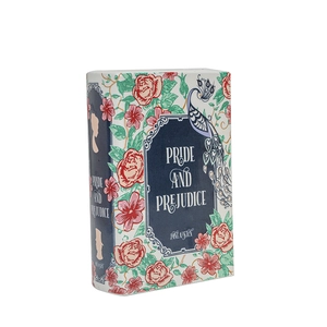 Creative book-shaped ceramic vase featuring Pride and Prejudice design with peacock motifs