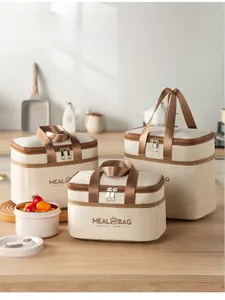 Set of three insulated beige meal bags with brown trim and side mesh pockets