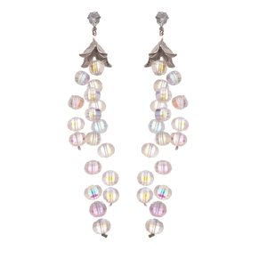 Eleganti orecchini a nappa in argento con perline di cristallo e borchia a forma di fiore