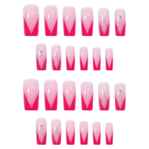 24pcs pink gradient French press-on nails with silver glitter V-line and rhinestones