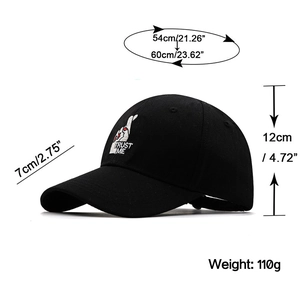 Black cotton baseball cap with finger heart embroidery and size chart on white background