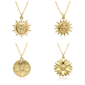Sun Moon Face Pendant Necklace Copper Gold Plated Zircon Starburst Daisy Flower Vintage Bohemian Tarot Sweater Chain For Women