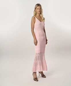 Detailed knit texture and pointelle hollow pattern on pink bodycon maxi dress