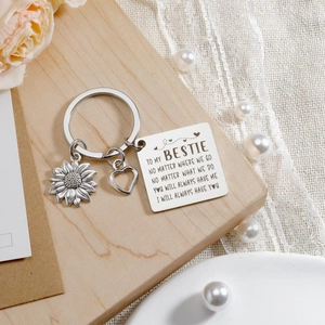Porte-clés To My Bestie en acier inoxydable avec breloque tournesol sur socle bois