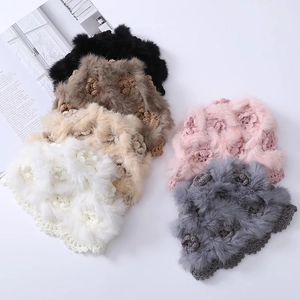 Winter handmade crochet flower hats in six colors with soft fur trim and warm knit fabric