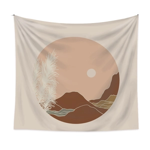 Bohemian wall tapestry with sun and mountain landscape in earthy tones for room decor