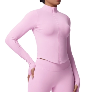 Pink high-stretch seamless yoga set with stand collar zipper jacket and leggings