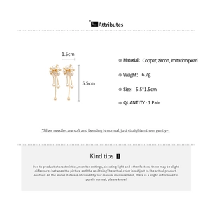 Detailed size and material specifications for gold tassel pearl earrings with zircon