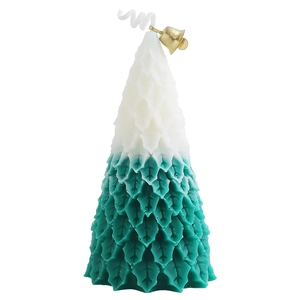 Christmas tree scented candle with teal gradient and a decorative golden bell