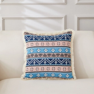 Böhmischer geometrischer Kissenbezug aus Baumwoll-Leinen mit Fransen für Sofa, Vintage Deko.