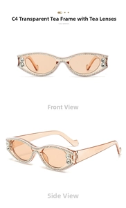 Detailed views of tea-colored cat eye sunglasses with crystal rhinestones on the frame