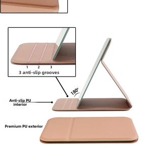 Detail view of pink PU leather makeup mirror with three adjustable non-slip standing grooves