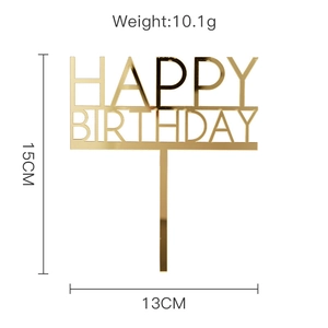 Detailed view of 15x13cm gold acrylic Happy Birthday cake topper showing size and weight