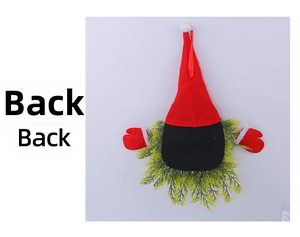 Detail showing back of glowing Christmas gnome wreath with felt hat and pine needles