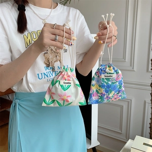 Japanese style floral fabric drawstring pouches for cosmetics and small accessories