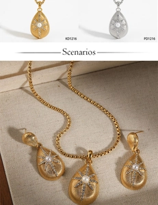 Detail of teardrop starburst necklace and earrings set with central pearl in gold and silver