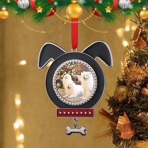 Dog-shaped metal Christmas ornament with heart-themed photo area and bone pendant