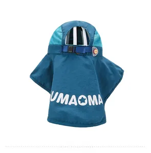 Rear view of blue kids sun hat with neck protection flap and breathable mesh top