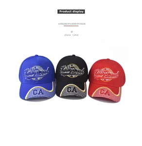 Detail of three cotton baseball caps with Hollywood CA embroidery and mesh textured brims