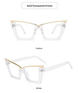 Detailed view of gold transparent cat-eye frames showing front and 45-degree side angles