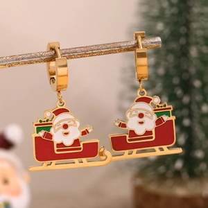 Boucles d'oreilles traîneau du Père Noël en acier inoxydable doré 18K et émail multicolore