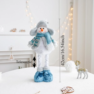 Detail of a 42cm telescopic Christmas snowman doll with blue and grey knit accessories
