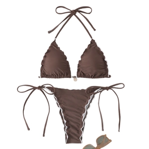 Deep brown halter bikini set with white wavy ruffle trim and gold metal ring detail