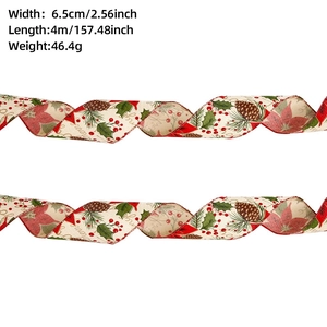 Detail of 6.5cm faux linen Christmas ribbon with poinsettia print and Merry Christmas text