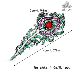 Detailed size specifications for a 925 silver peacock feather brooch with gemstones
