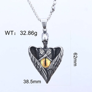 Detailed view of evil eye angel wing pendant with 62mm height and 38.5mm width specs