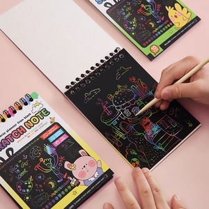 Kids DIY rainbow scratch art notebook set with wooden stylus and colorful drawings