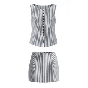Tenues De Mode Décontractées Été Femmes Gilet Sans Manches En Coton À Rayures Et Mini-jupe À Taille Haute