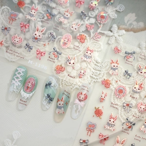3D relief nail stickers M1196 featuring cute rabbits and sweet cherry blossom designs