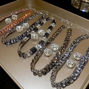 Elegant square zircon jewelry set including necklace and earrings in three luxury colors