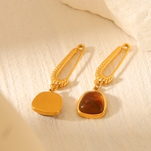French retro 18k gold stainless steel earrings with amber stone in safety pin design