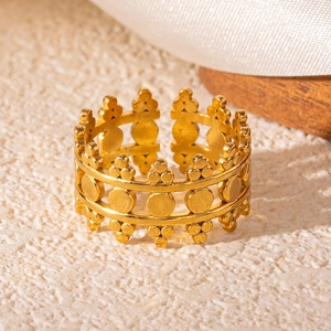 Detailed close-up of 18k gold plated stainless steel ring with hollow geometric patterns