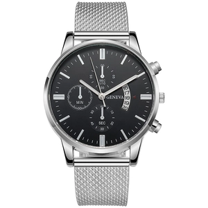 Detail of silver mesh band and black chronograph dial with calendar on Geneva quartz watch