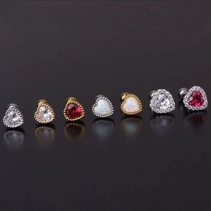 16G heart-shaped cartilage studs with zircon and opal set on silver and gold bases