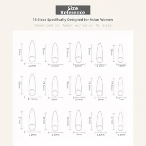 Size chart showing 15 different dimensions for press-on nails from 6.5mm to 33mm