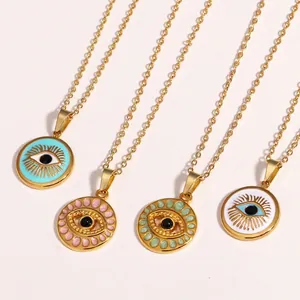 Titanium steel evil eye pendant necklaces in four colorful enamel finishes for women
