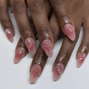 Press On Nails Pink Gradient Almond Shape With 3D Bowknot Artificial Pearl Rhinestone Sweet Feminine Manicure For Women
